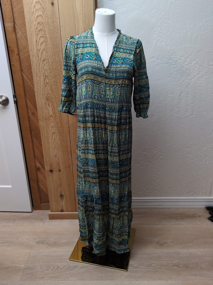 J Jill Womens Puff Sleeve V Neck Long Maxi Dress Paisley Multicolor Size S Small