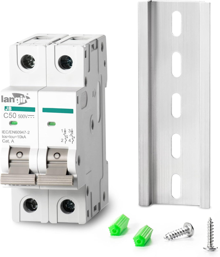 2P DC Circuit Breaker 50A 500V, DIN Rail Mount Solar Disconnect Switch for PV Sy