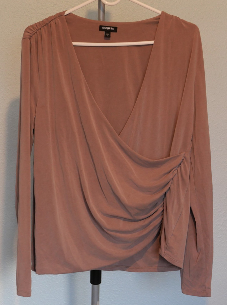 Express Ruched Surplice Wrap Top Mauve Pink Long Sleeve V-Neck Blouse Size L