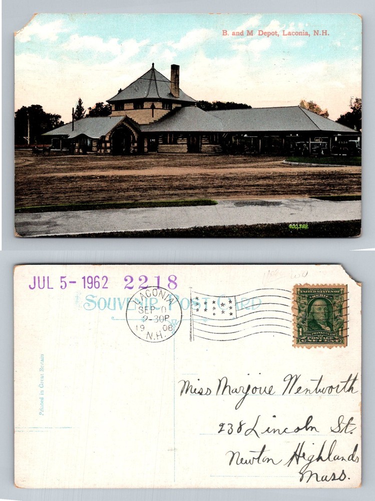 Laconia, NH-New Hampshire, B & M Depot Train Station Vintage c1908 Postcard