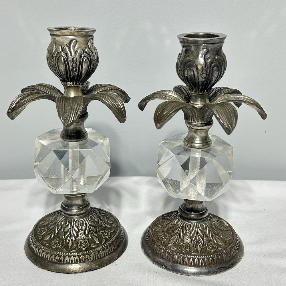 Brass Lucite Candlestick Holders Hollywood Regency MCM Pair Set Of 2 VTG