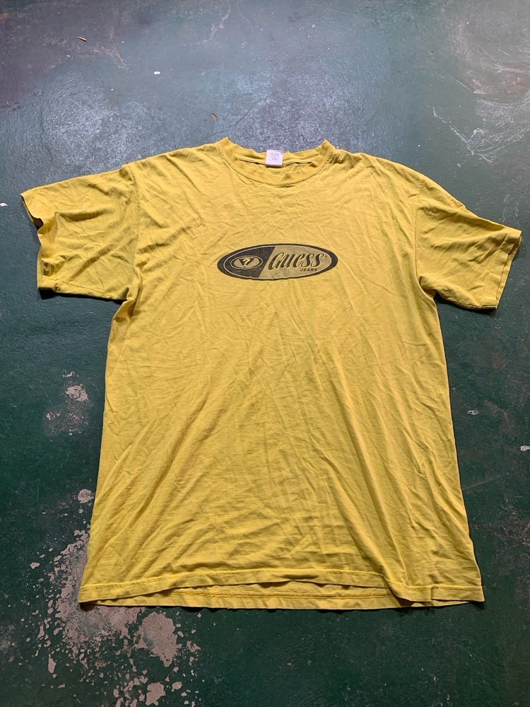 Vintage Guess Jeans USA Graphic Logo Yellow Cotton Crew Neck T-Shirt XL Long