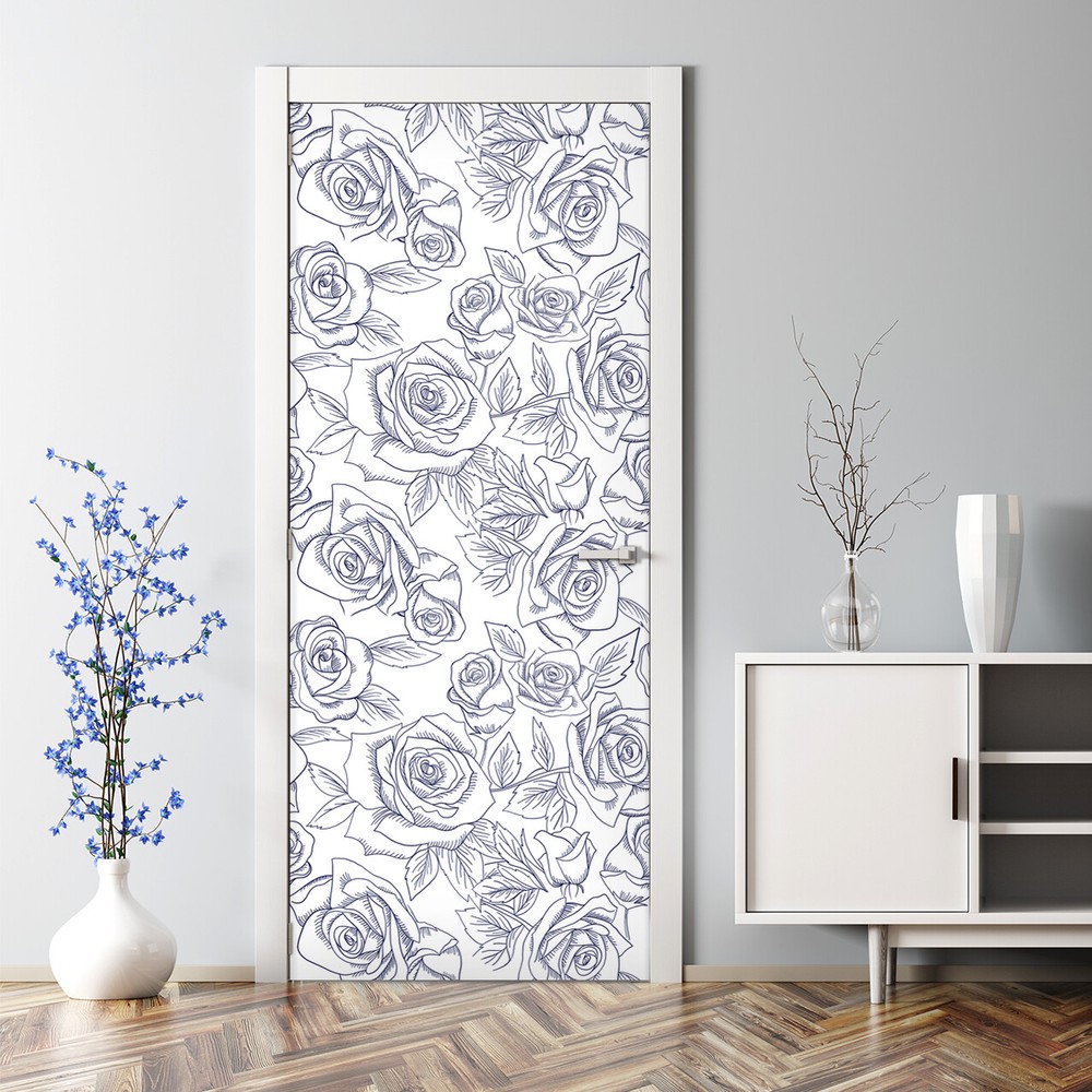 Bubble Free Door sticker Blue Roses Floral Wall Covering Watercolour Home Decor