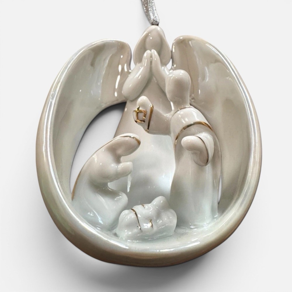 Angel Nativity Porcelain Ornament Manger Gold Trim Apple Tree Design Christmas
