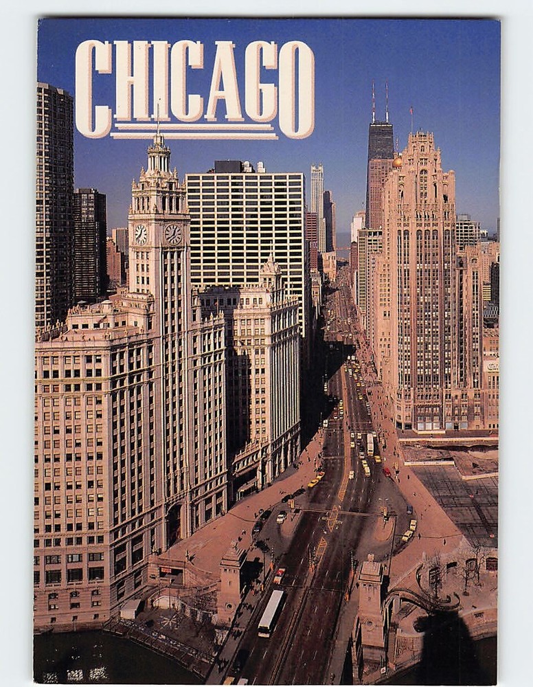 Postcard Wrigley Building Tribune Tower Magnificent Mile Chicago Illinois USA
