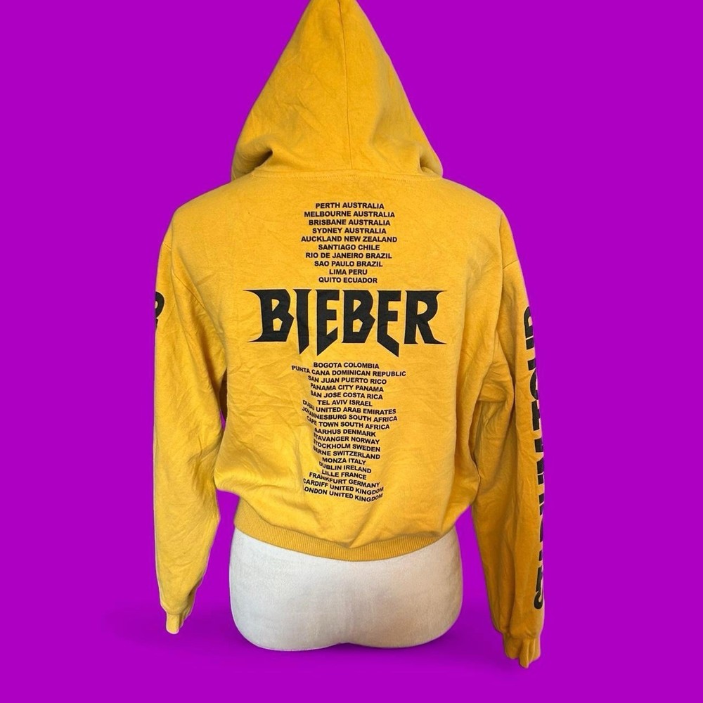 Justin Bieber Purpose Stadium Tour Concert Hoodie Womens Size M Yellow Divided