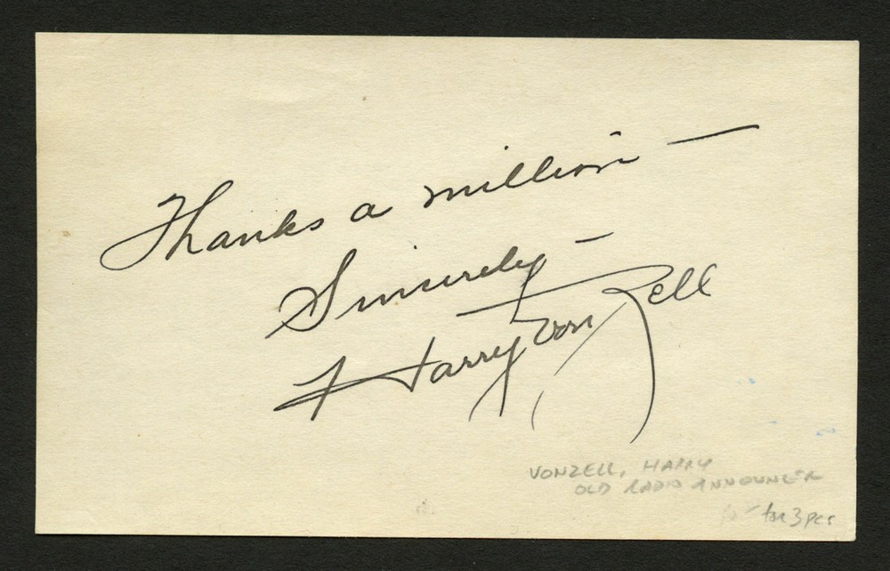 Harry von Zell d1981 signed autograph 3x5 cut Radio Announcer & TV Actor AB1021