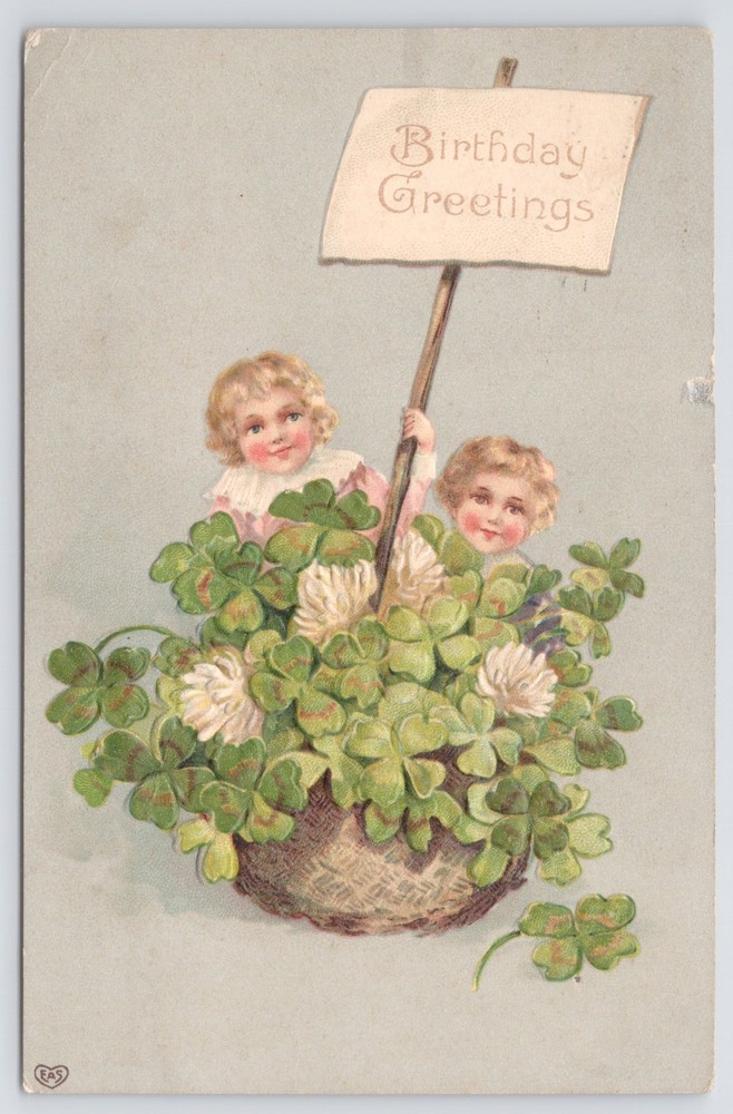 Greetings~Two Girls In Clovers Holding Birthday Greeting Poem~Postcard