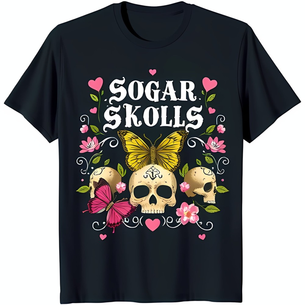 Intricate Floral Graphic Black T-Shirt with Butterflies 'SUGAR SKOLLS'