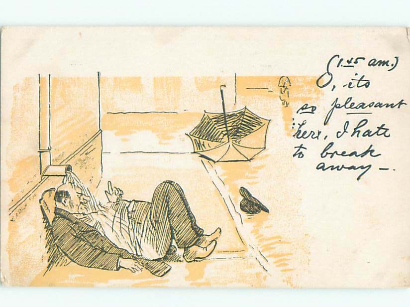 Pre-Linen Comic DRUNK MAN SLEEPING UNDER THE DRAINPIPE : make an offer AB9443