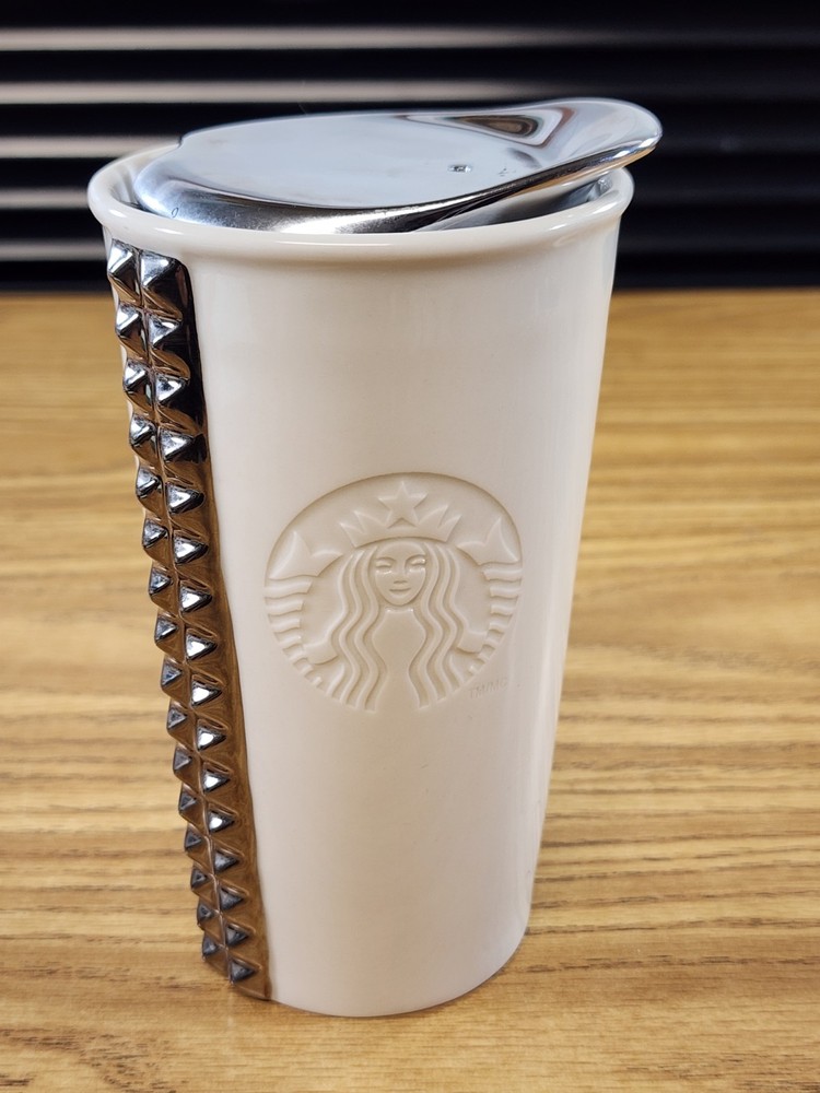 Starbucks White Ceramic Travel Tumbler Silver Studded Accent Chrome Lid 10 oz