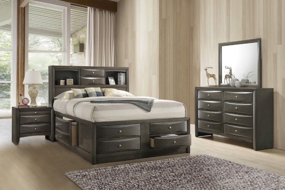 NEW SLEEK Gray Storage Queen or King 4PC Bedroom Set Modern Furniture Bed/D/M/N