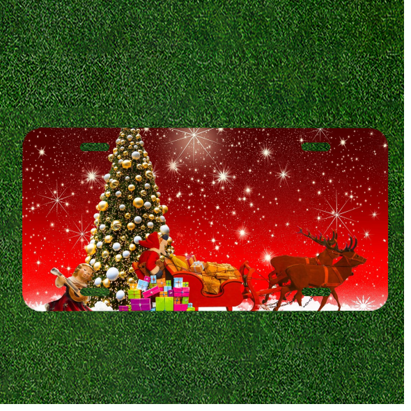 Custom Personalized License Plate Tag With Christmas Tree Santa And Rain Deers