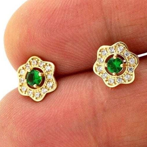 Round Cut Simulated Emerald Floral Stud Earrings in 14k Gold Plated
