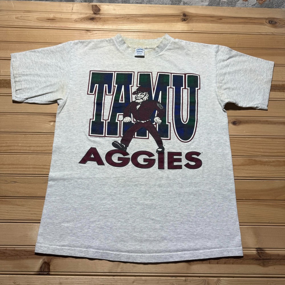 Vintage 90s TAMU Aggies Mascot Single Stitch Graphic Heather T-Shirt USA - Large