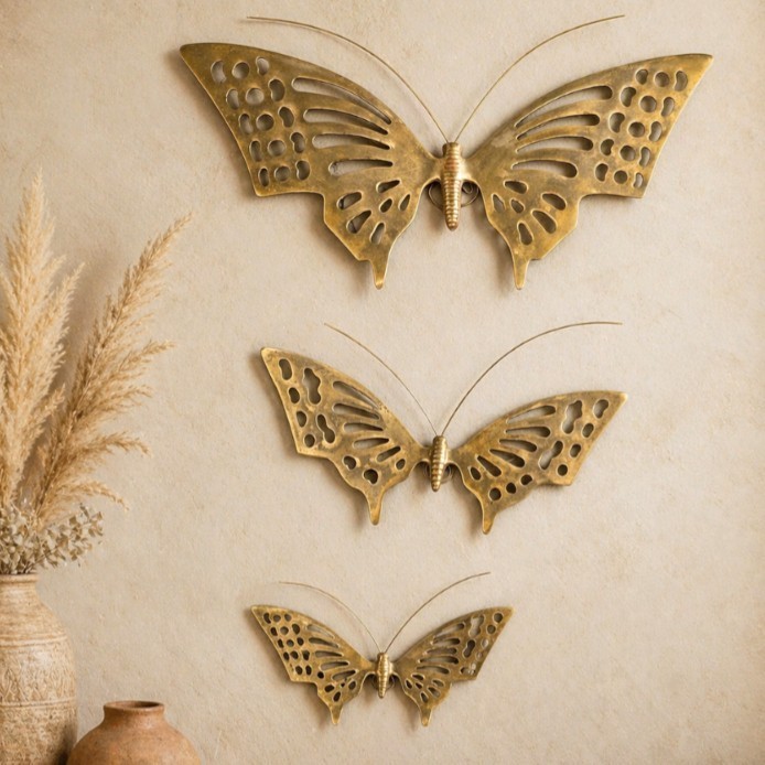 Vintage Solid Brass Butterfly Wall Decor Set MCM Boho Metal Hanging Trio