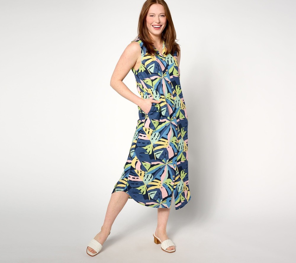 Studio Park Women's Dress Sz M Reg Printed Linen Shirtdress Blue A641708