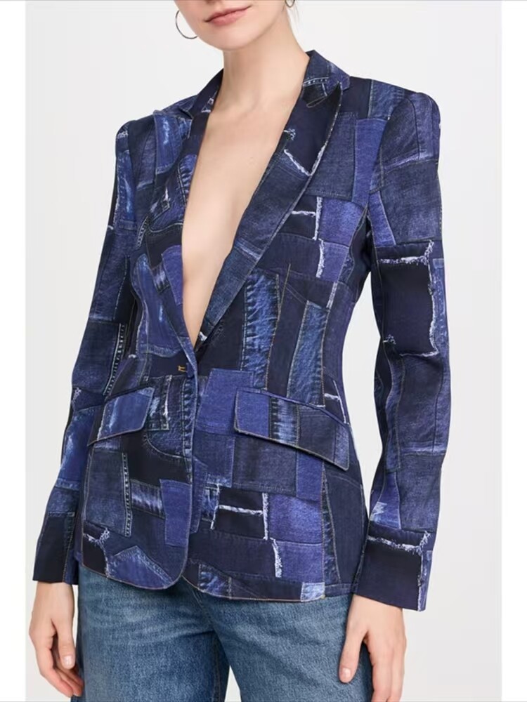 Women Cinq A Sept V-neck Contrasting Fit One Button Blazer Top