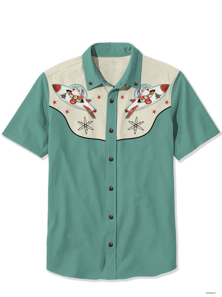 Christmas Vintage Atomic Rocket And Santa Hawaiian Shirt Cyan Color S-5XL