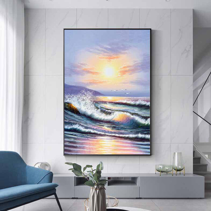 Sunrise Modern Hand Painted Oil Paintings Wall Art Decor Seascape Artwork Sea
