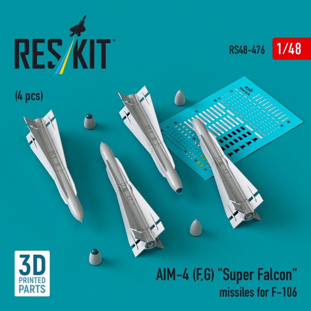 1:48 Scale AIM-4 Super Falcon Missiles ResKit RS48-0476 for F-106 (4 pcs)