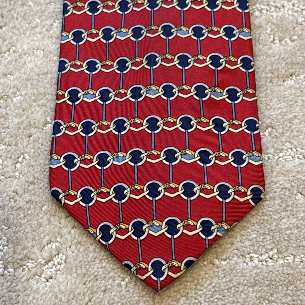 Paolo Gucci Equestrian Horse Bit Silk Tie Red Gold Navy Blue Italy Bridle