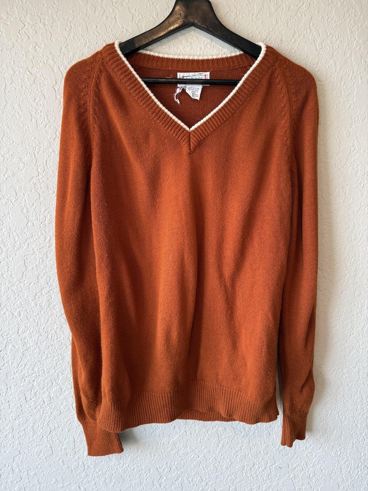 Vintage Andros Sweater Mens Large Brown Rust Orange V Neck Acrylic Pullover 80s