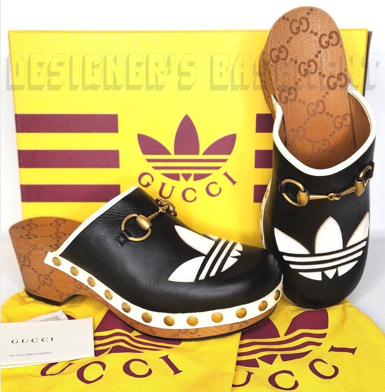 GUCCI x Adidas black leather Trefoil GG platform clogs size 36.5EU 6.5US