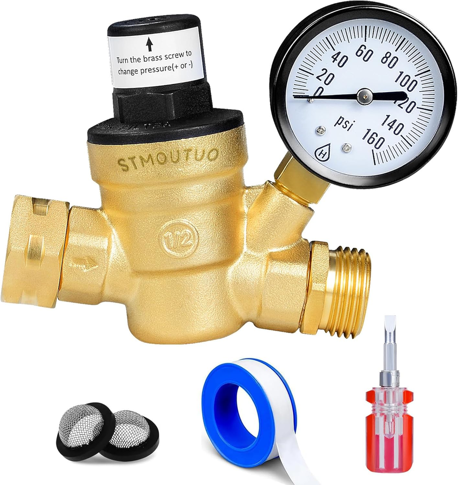 RV Water Pressure Regulator Brass Lead-Free Adjustable Water Pressure Reducer