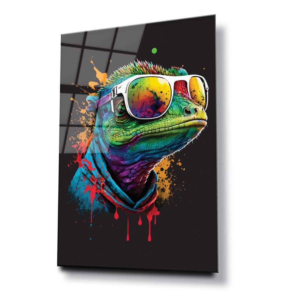 GLASS WALL ART Digital Printed HD LIZARD GRAFFITI NEON ABSTRACT BLACK BACKGROUND-image