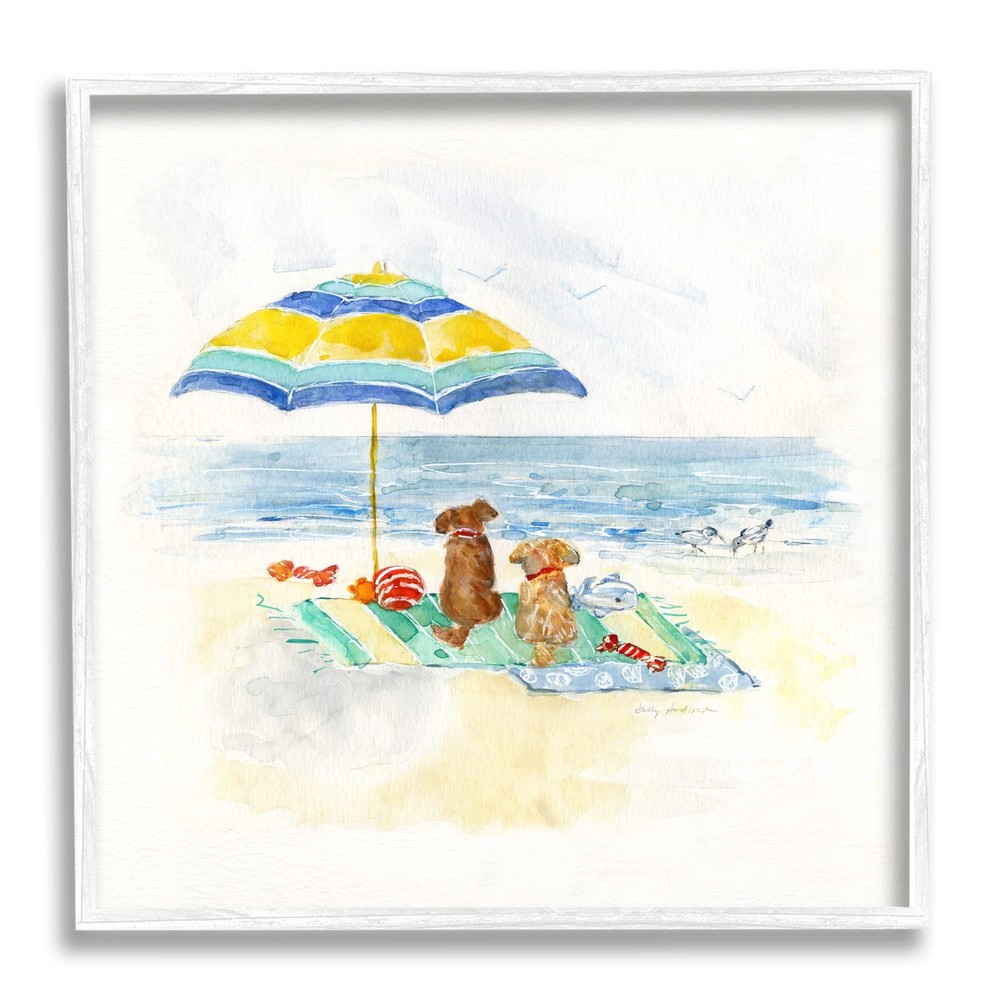 Cute Playful Dogs Relaxing Under Beach Umbrella Shoreline Art by Sally Perfect for Pet Lovers