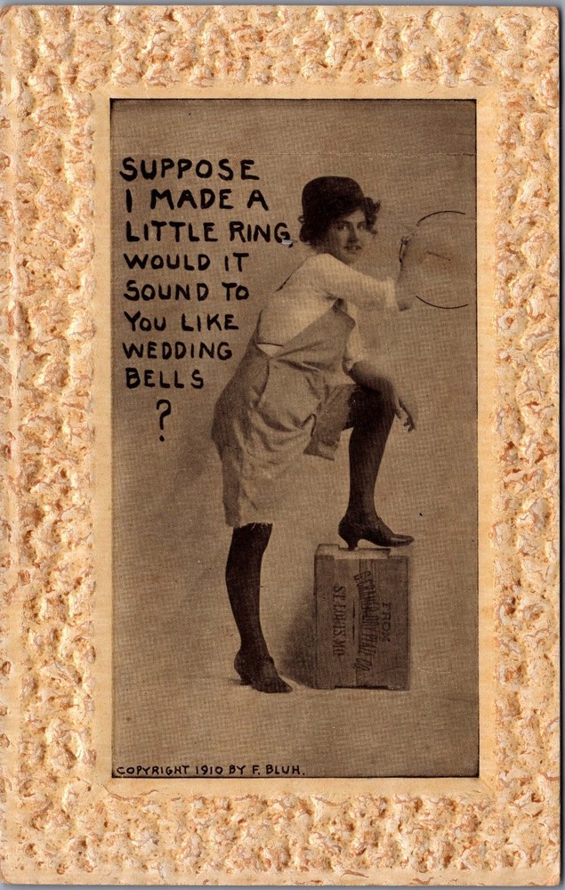 1910 F. Bluh Humorous Courtship Postcard - Wedding Bells Question