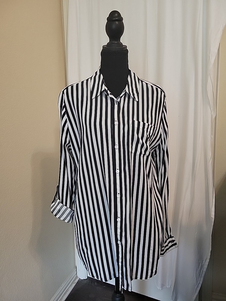Jane & Delancey Women's Y2K Mixed Stripe Adjustable Sleeve Blouse Size XL