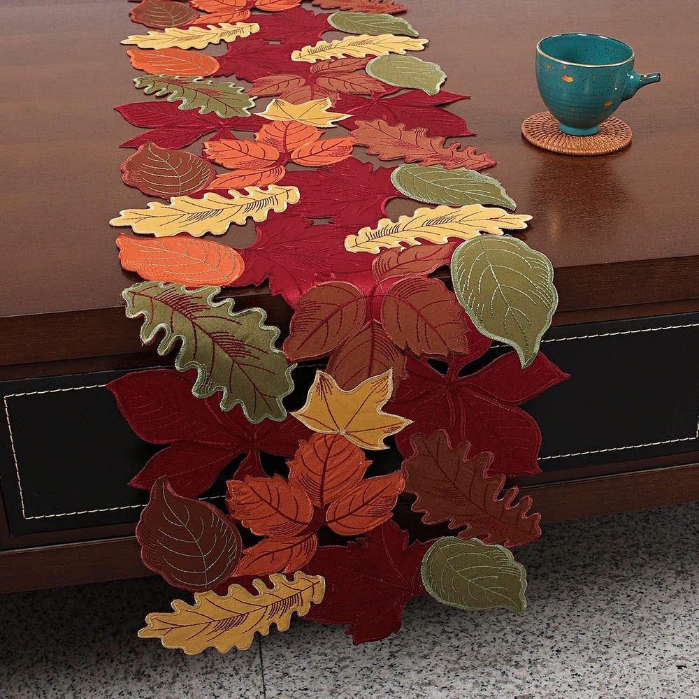 Thanksgiving Table Runner Fall Embroidered Leaves 36 inches Long Table Decora...