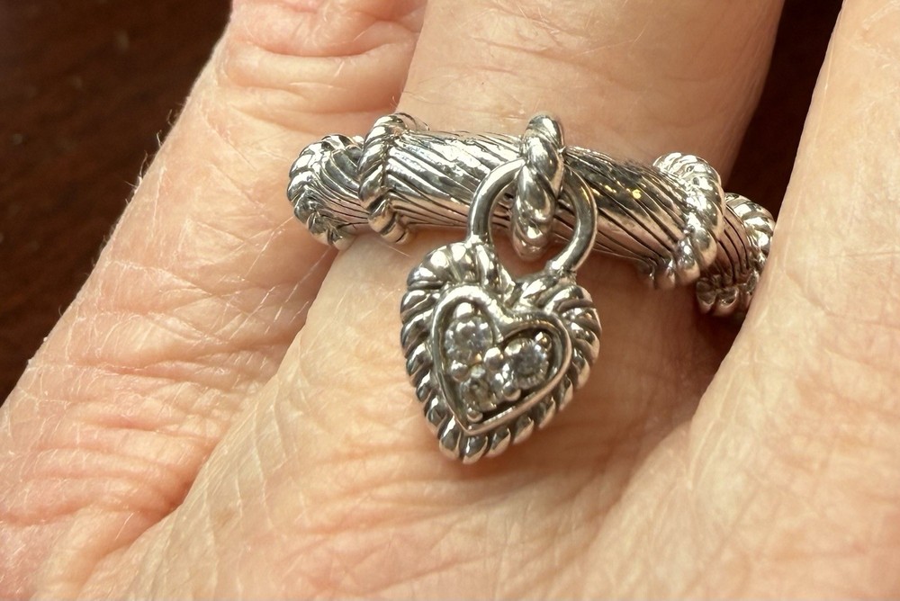 Judith Ripka 925 Sterling Silver CZ Dangling Heart Ring Size 8