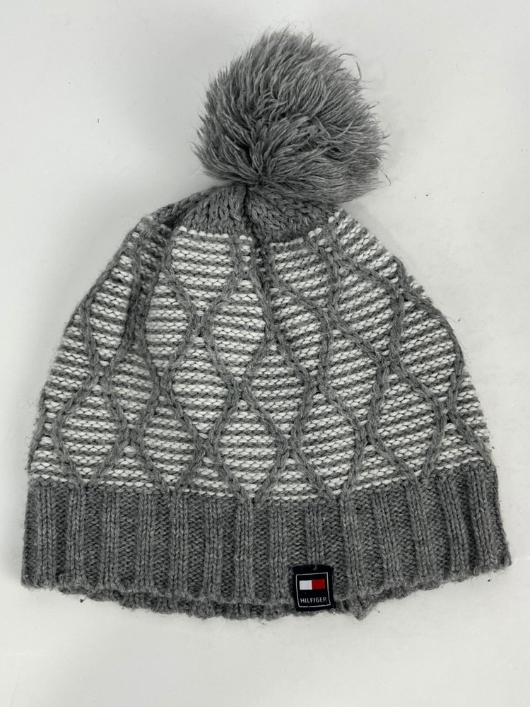 Tommy Hilfiger Kids Gray Acrylic Stretch Knit Pom Pom Beanie One Size