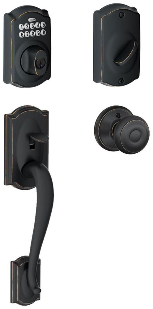 Schlage FE365-CAM-GEO Bronze Camelot Electronic Handleset Georgian Knob