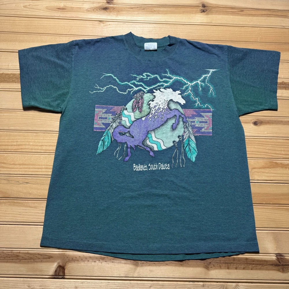 Vintage 80s Badlands South Dakota Lightning Horse Southwestern T-Shirt USA Large