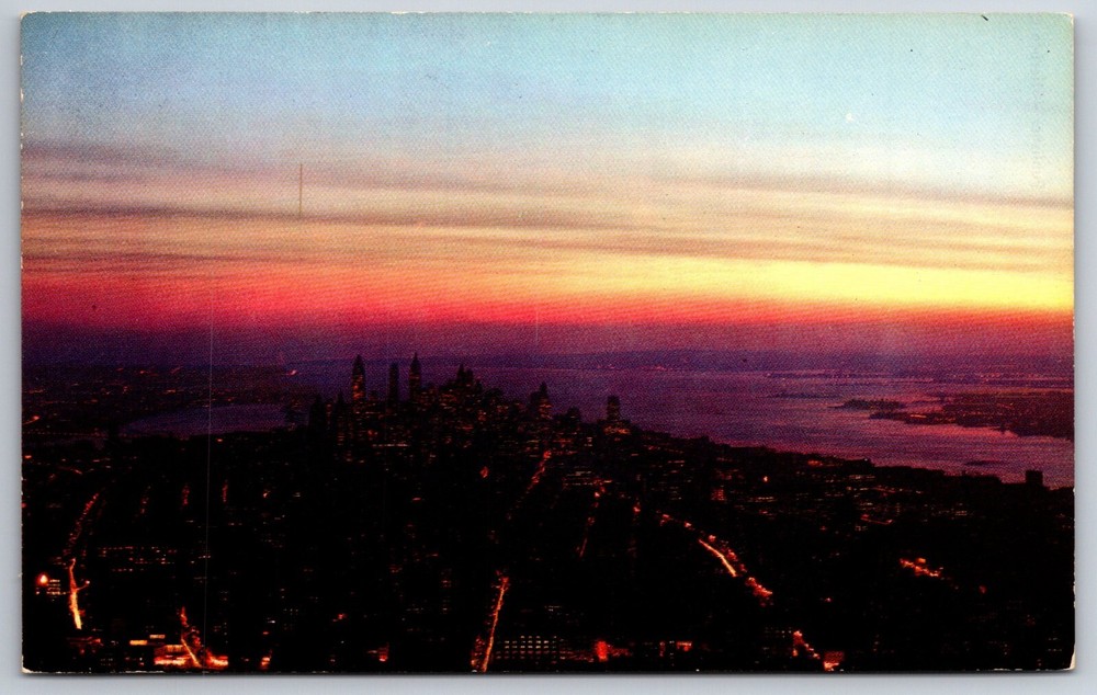New York City~Birds Eye View Color Photo Of The Harbor @ Night~Vintage Postcard