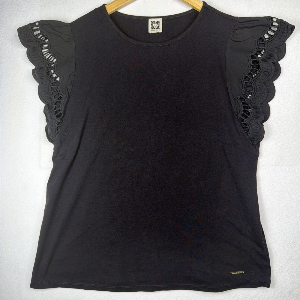Anne Klein Black 100% Cotton Eyelet Flutter Sleeve Knit Top Large L