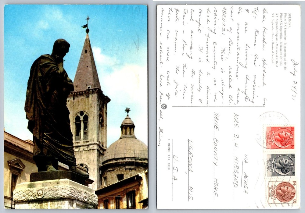 Sulmona Italy 1971 Postcard - Ovid Monument Piazza XX Settembre Abruzzo-image