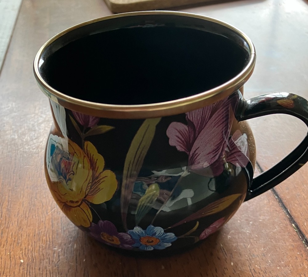 Mackenzie Childs Enamel Black Flower Market Mug 16 Oz w/ Sticker