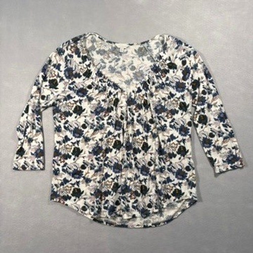Lucky Brand Floral V-Neck Pleated 3/4 Sleeve Knit Top Blue Cream Size M Boho