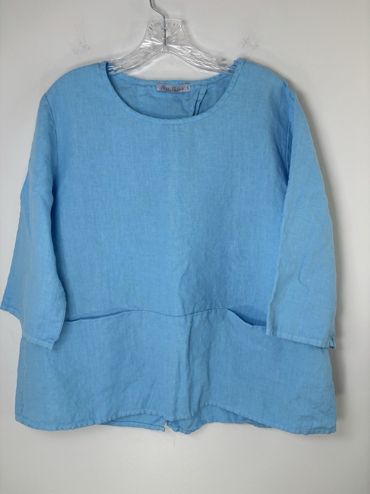 Cut Loose Top Tunic Oversized Medium Blue 3/4 sleeves Pockets Lagenlook