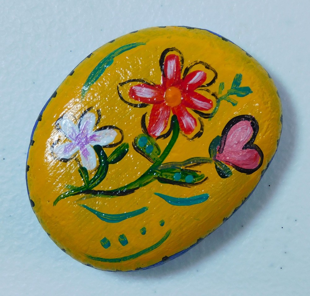 Hand painted rock Stone art Heart & flowers 2 sided painting for home or garden