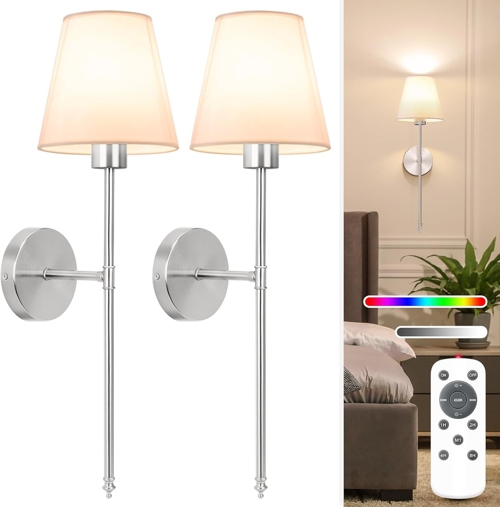 Battery Operated Wall Sconce Set of 2,Brushed Nickel Rechargeable Wall Lights wi