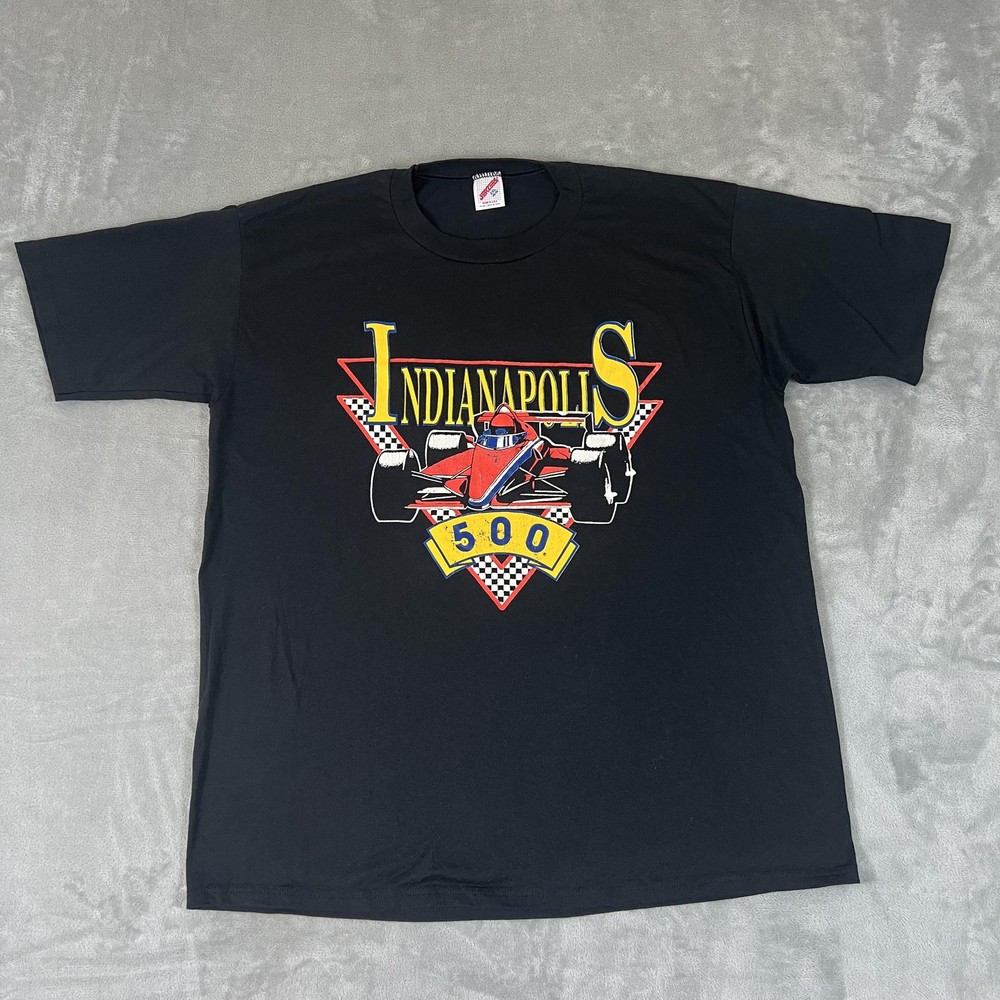 Vintage Jerzees Indianapolis 500 Shirt Mens 2XL Black Race Car Graphic USA 90s