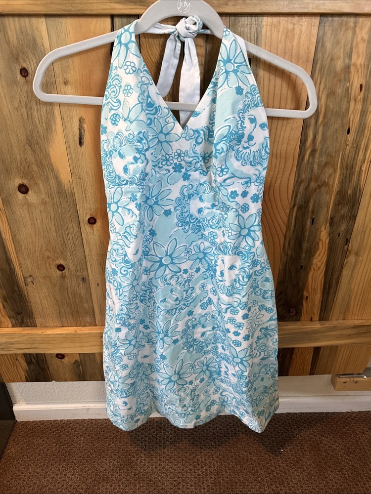 Pre-Owned Size 0 Lilly Pulitzer Halter Shift Blue/White Floral Print Dress (2G)