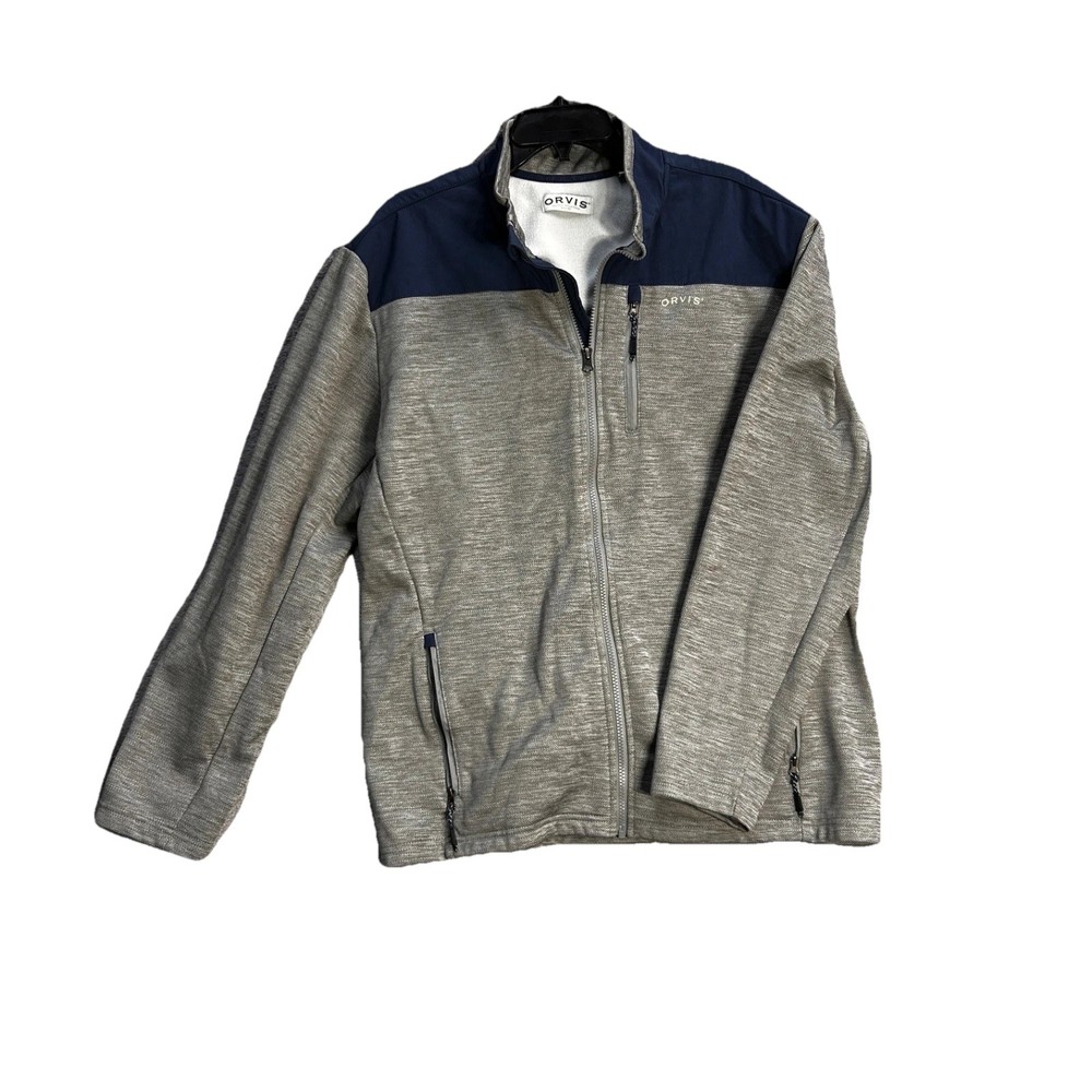 ORVIS Men’s Full-Zip Jacket Grey Heather / Navy Yoke Stand Collar Zipper, XL