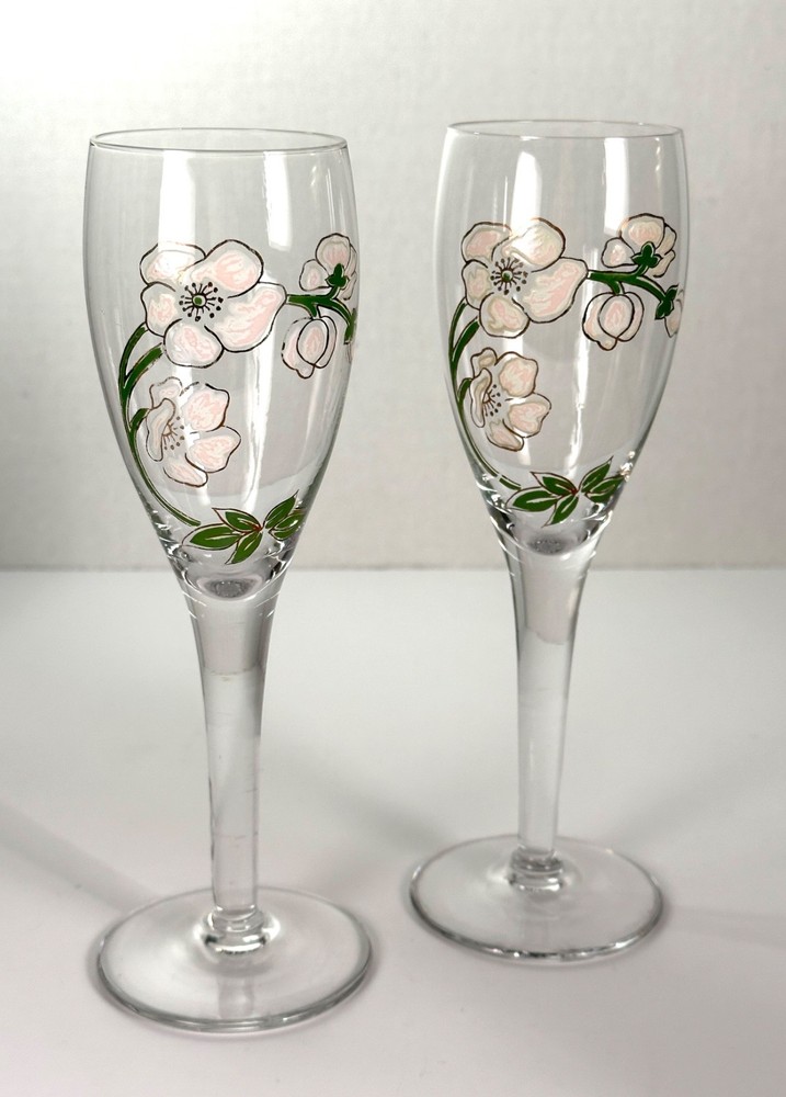 PERRIER-JOUET Champagne Flutes Belle Epoque hand painted  SET OF 2